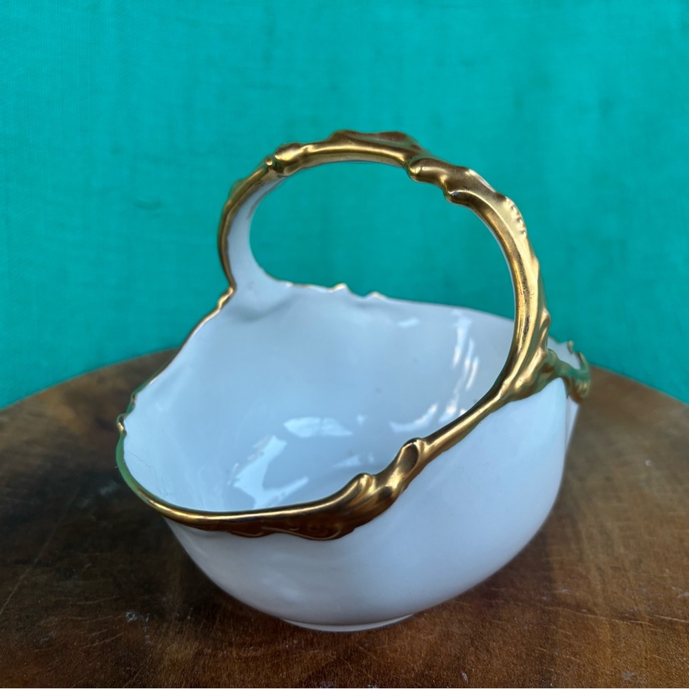 Limoges White Porcelain Basket with Gold Handle